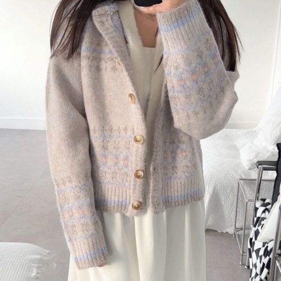 Elegant Gray Patterned Hooded Cardigan cottagecore - Picture 4 of 7